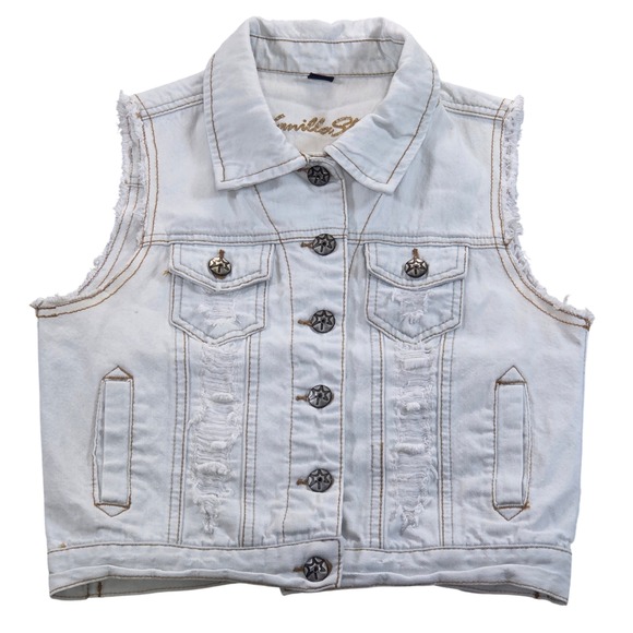 Vanilla Star Womens White Distressed Denim Vest Sleeveless Jacket Small - Picture 1 of 7